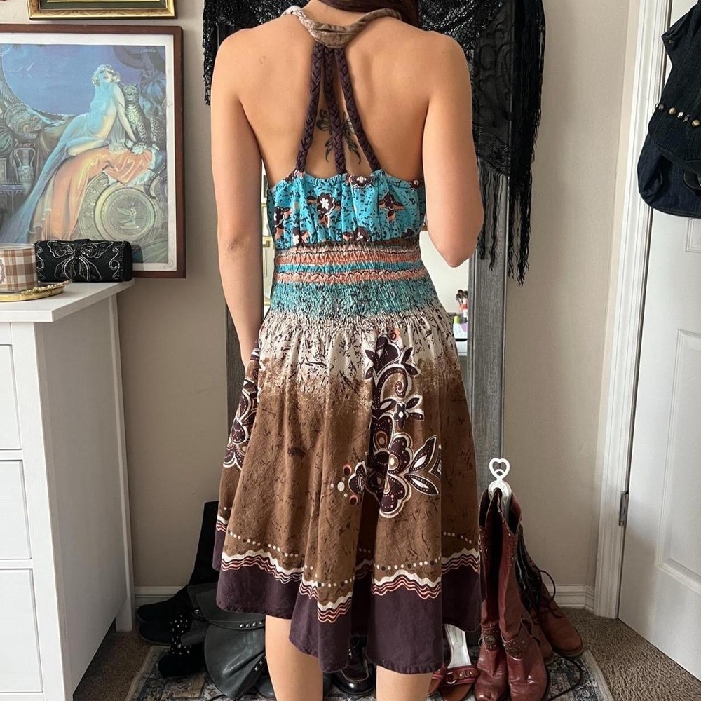 Cassees Boho Floral Midi Dress Teal Brown Smocked Waist Y2K 2000s Cotton Medium - Picture 5 of 6